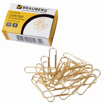 Скрепки 28мм Brauberg 221529 золотистые, в карт.уп. (100шт)