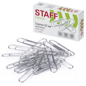 Скрепки большие 50 мм, STAFF, оцинкованные, 50 шт., в картонной коробке, РОССИЯ, 224800.