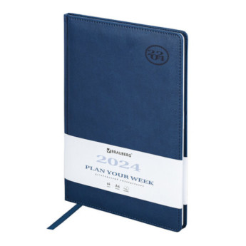Еженедельник А4 2024 Brauberg "Favorite" под кожу, синий 115007