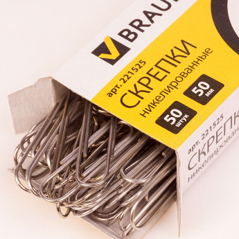 Скрепки 50мм BRAUBERG 221525 никелированные 50 шт в к/уп РАСПРОДАЖА