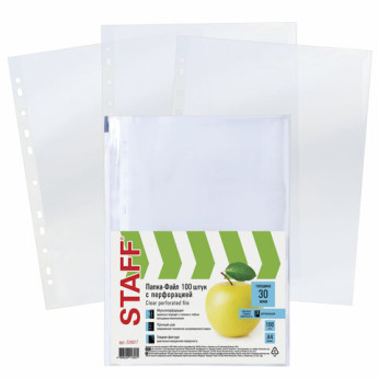 Файл (мультифора) Staff "Яблоко" А4 30 мкм прозрачный 224917 (уп 100шт) упаковка