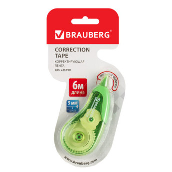 Корректирующая лента BRAUBERG DESIGN ONE, 5мм*6м, зеленый корпус, в блистере, 225590