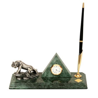 Набор настольный Antigue с часами в треугольном корпусе, фигурой тигра и ручкой, мрамор РАСПРОДАЖА