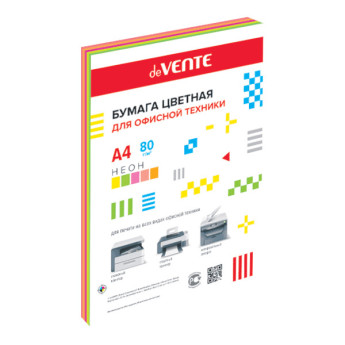 Бумага А4 75г/100л (5цв по 20л) неон 2072212 deVENTE