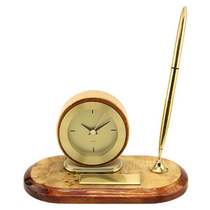 Часы настольные с авторучкой "Карельская береза"; 19х9,5х10,3 см; металл, дерево РАСПРОДАЖА